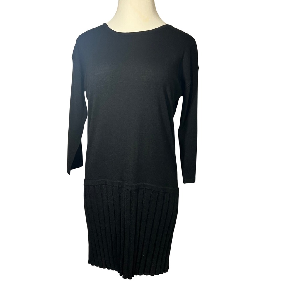 Tibi New‎ York Black Merino Wool Knit Sweater Dress Pleated Hem Illusion Size L